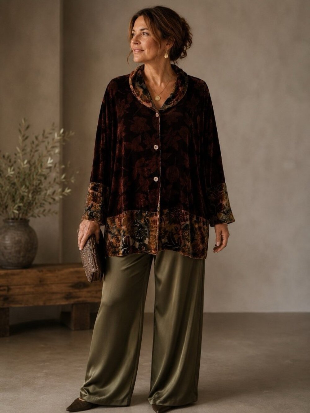 Citron Santa Monica Womens Topper Jacket Sz Large Brown Silk Velvet Burnout Boho